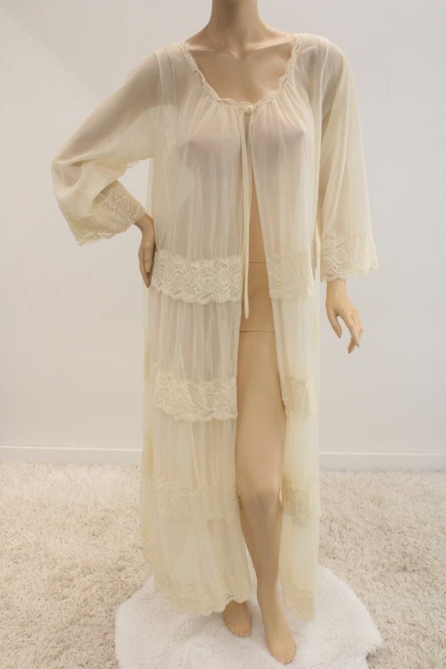 Vintage Intime' Long Peignoir Robe Large Double Nylon Chiffon Lace Ivory Volume